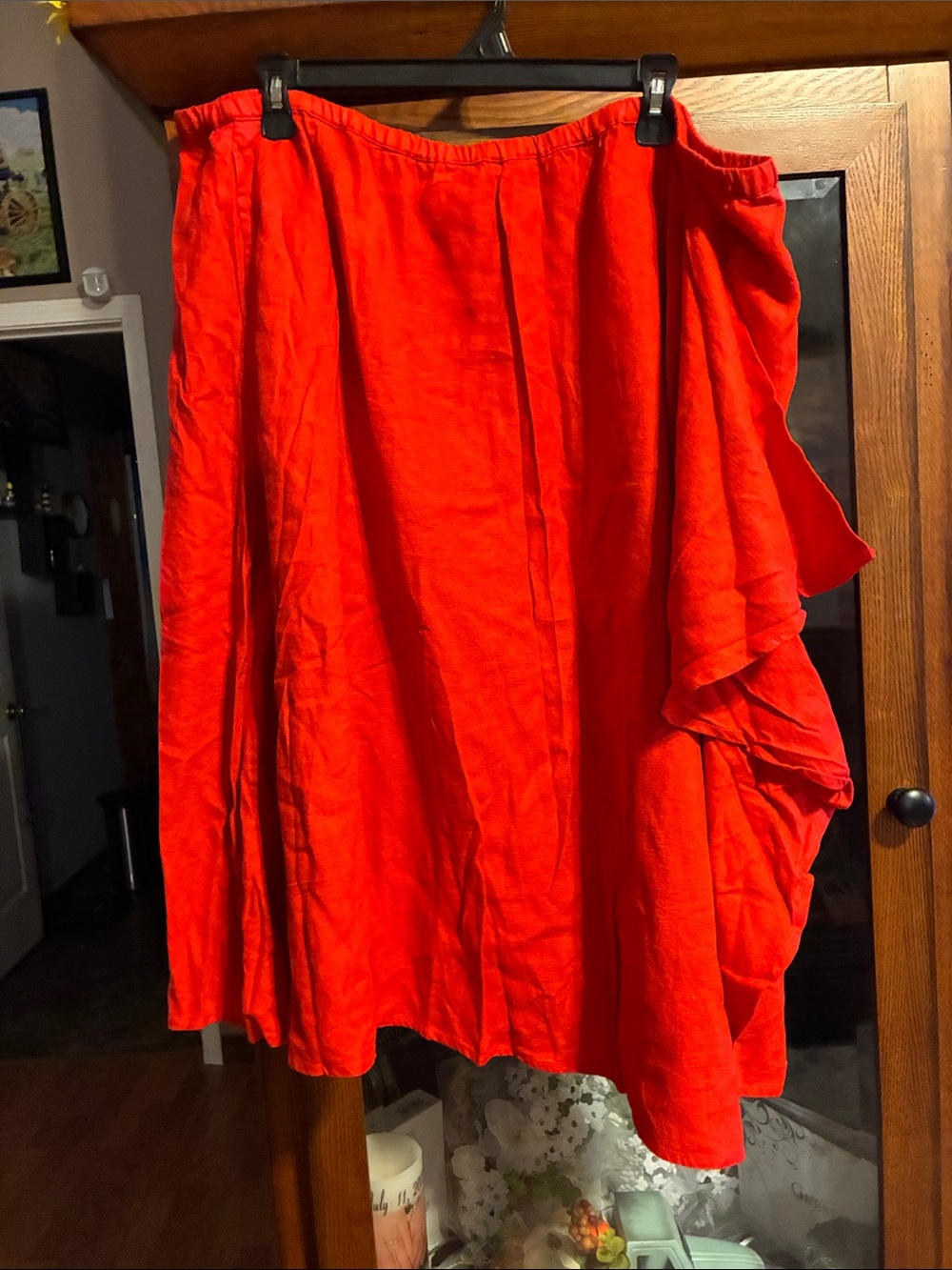 Asymmetrical Linen Blend Ruffle Red Women's Skirt